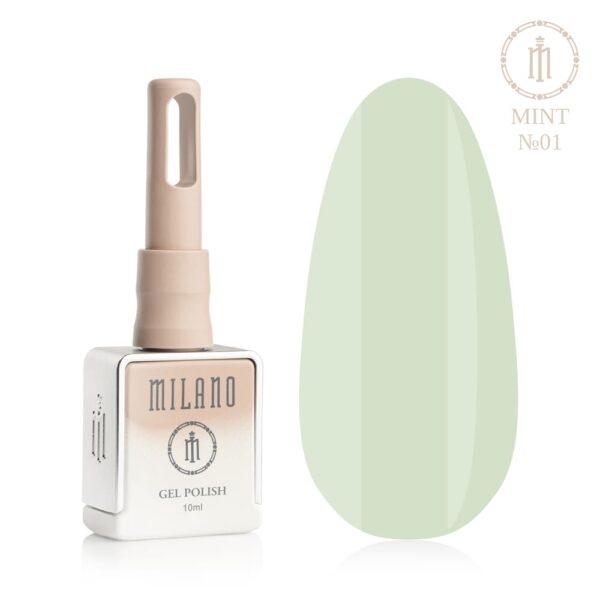 «Презентація гель-лаку Milano Gel Polish Mint Premium №01: ліворуч зображено фірмовий квадратний флакон об'ємом 10 мл у ніжно-нюдовому градієнтному виконанні з круглим логотипом, а праворуч — великий овальний макет-тіпс, який демонструє повітряний пастельно-м'ятний, найніжніший ментоловий або повітряний світло-аквамариновий відтінок покриття, на чистому білому тлі»