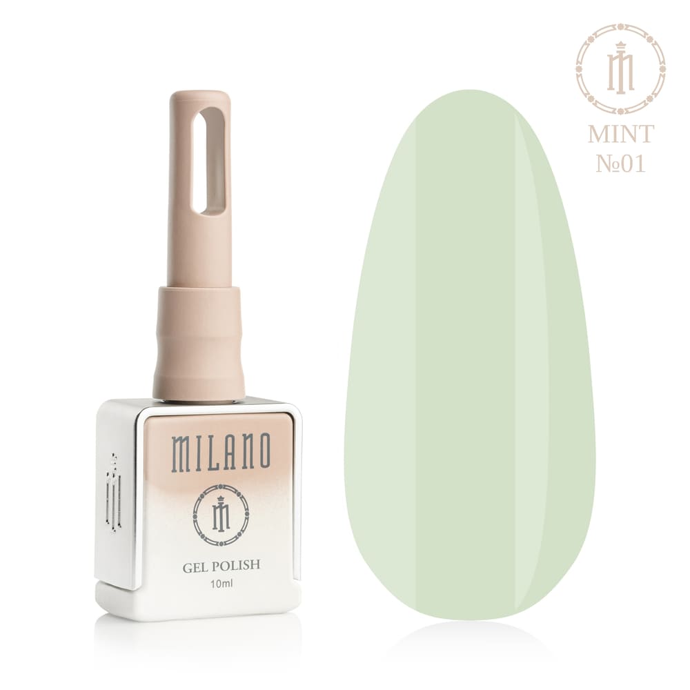 «Презентація гель-лаку Milano Gel Polish Mint Premium №01: ліворуч зображено фірмовий квадратний флакон об'ємом 10 мл у ніжно-нюдовому градієнтному виконанні з круглим логотипом, а праворуч — великий овальний макет-тіпс, який демонструє повітряний пастельно-м'ятний, найніжніший ментоловий або повітряний світло-аквамариновий відтінок покриття, на чистому білому тлі»