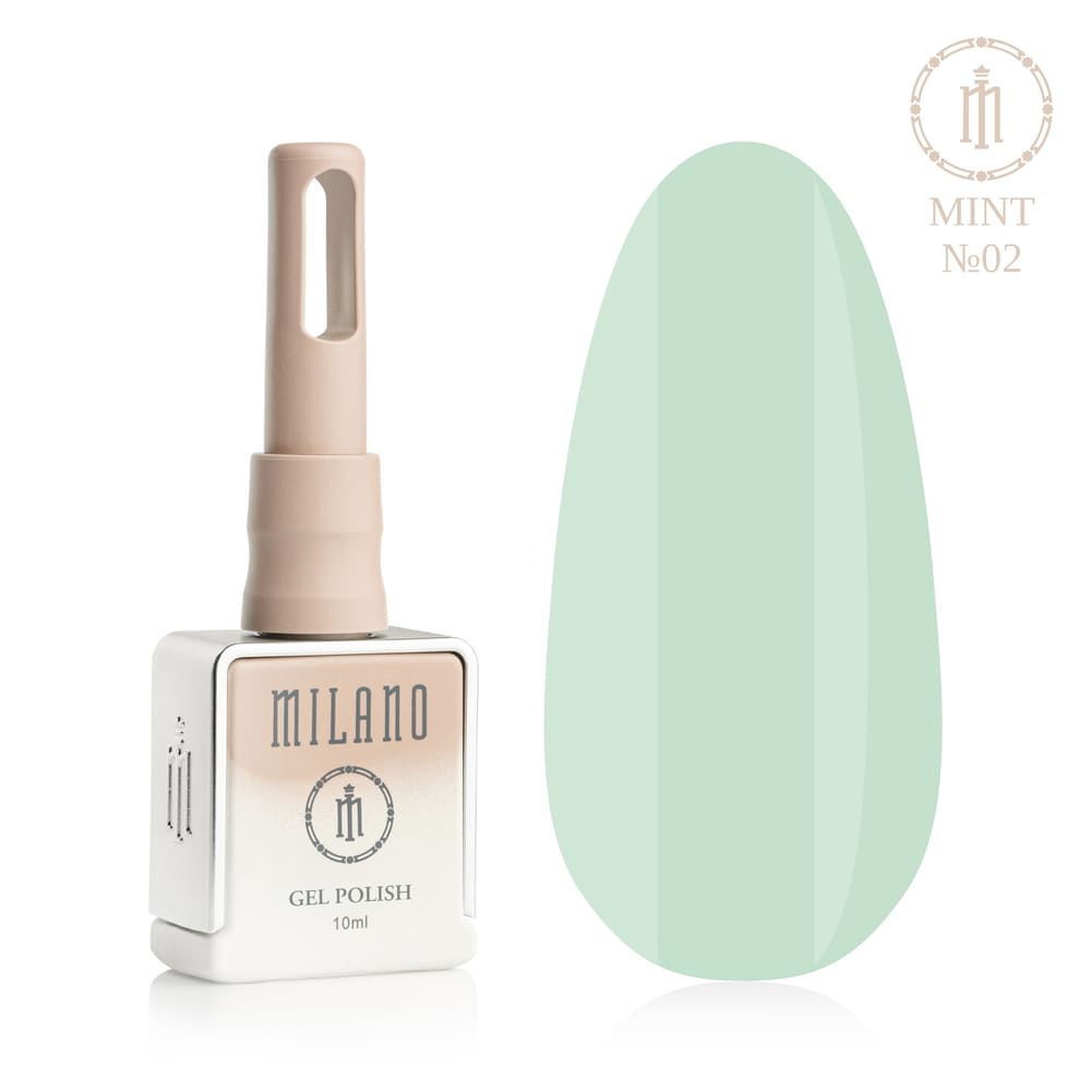 «Презентація гель-лаку Milano Gel Polish Mint Premium №02: ліворуч зображено фірмовий квадратний флакон об'ємом 10 мл у ніжно-нюдовому градієнтному виконанні з круглим логотипом, а праворуч — великий овальний макет-тіпс, який демонструє класичний свіжий м'ятний, витончений ментоловий або легкий бірюзово-м'ятний відтінок покриття, на чистому білому тлі»