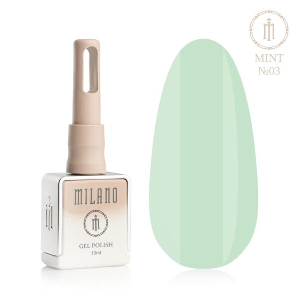 «Презентація гель-лаку Milano Gel Polish Mint Premium №03: ліворуч зображено фірмовий квадратний флакон об'ємом 10 мл у ніжно-нюдовому градієнтному виконанні з круглим логотипом, а праворуч — великий овальний макет-тіпс, який демонструє чистий аквамариновий, яскравий освіжаючий м'ятний або ніжний відтінок морської хвилі, на чистому білому тлі»