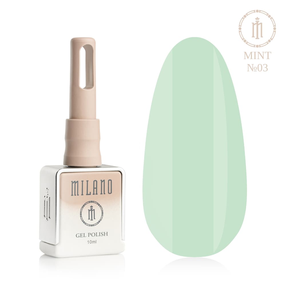 «Презентація гель-лаку Milano Gel Polish Mint Premium №03: ліворуч зображено фірмовий квадратний флакон об'ємом 10 мл у ніжно-нюдовому градієнтному виконанні з круглим логотипом, а праворуч — великий овальний макет-тіпс, який демонструє чистий аквамариновий, яскравий освіжаючий м'ятний або ніжний відтінок морської хвилі, на чистому білому тлі»