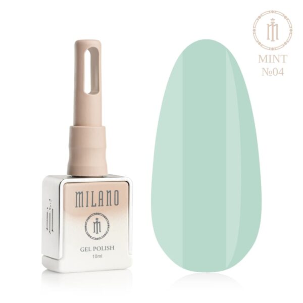 «Презентація гель-лаку Milano Gel Polish Mint Premium №04: ліворуч зображено фірмовий квадратний флакон об'ємом 10 мл у ніжно-нюдовому градієнтному виконанні з круглим логотипом, а праворуч — великий овальний макет-тіпс, який демонструє делікатний пастельно-бірюзовий, стильний м'ятно-блакитний або м'який колір світлого ментолу, на чистому білому тлі»