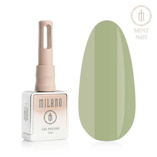 «Презентація гель-лаку Milano Gel Polish Mint Premium №05: ліворуч зображено фірмовий квадратний флакон об'ємом 10 мл у ніжно-нюдовому градієнтному виконанні з круглим логотипом, а праворуч — великий овальний макет-тіпс, який демонструє соковитий м'ятно-зелений, благородний фісташково-м'ятний або насичений літній ментоловий відтінок, на чистому білому тлі»