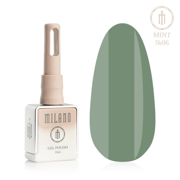«Презентація гель-лаку Milano Gel Polish Mint Premium №06: ліворуч зображено фірмовий квадратний флакон об'ємом 10 мл у ніжно-нюдовому градієнтному виконанні з круглим логотипом, а праворуч — великий овальний макет-тіпс, який демонструє глибокий прохолодний м'ятний, насичений колір морської хвилі або щільний аквамариновий відтінок покриття, на чистому білому тлі»