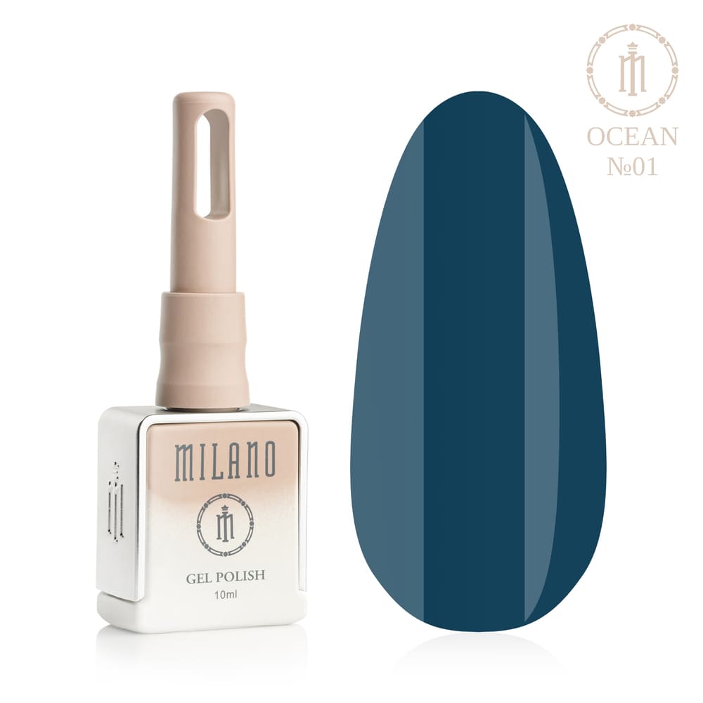 «Презентація гель-лаку Milano Gel Polish Ocean Premium №01: ліворуч зображено фірмовий квадратний флакон об'ємом 10 мл у ніжно-нюдовому градієнтному виконанні з круглим логотипом, а праворуч — великий овальний макет-тіпс, який демонструє прохолодний аквамариновий, ніжний світло-бірюзовий або свіжий лазуровий відтінок покриття, на чистому білому тлі»