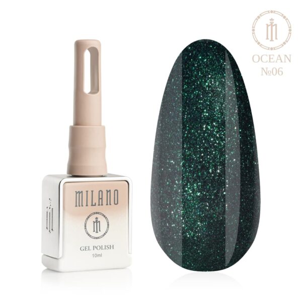 «Презентація гель-лаку Milano Gel Polish Ocean Premium №06: ліворуч зображено фірмовий квадратний флакон об'ємом 10 мл у ніжно-нюдовому градієнтному виконанні з круглим логотипом, а праворуч — великий овальний макет-тіпс, який демонструє загадкову темно-океанічну глибину, дуже щільний напівнічний синій або глибокий сапфірово-морський відтінок покриття, на чистому білому тлі»