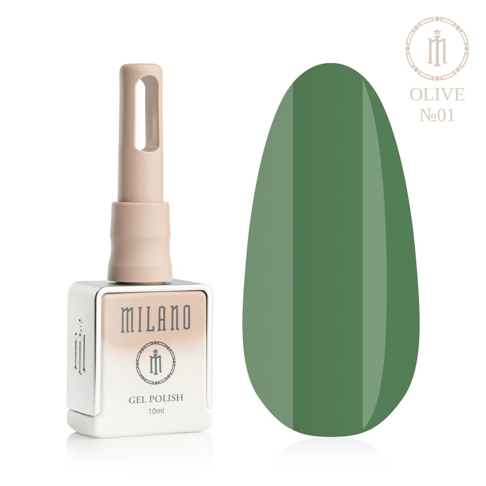 «Презентація гель-лаку Milano Gel Polish Olive Premium №01: ліворуч зображено фірмовий квадратний флакон об'ємом 10 мл у ніжно-нюдовому градієнтному виконанні з круглим логотипом, а праворуч — великий овальний макет-тіпс, який демонструє свіжий трав'янисто-оливковий, насичений природний зелений або витончений колір молодих оливок, на чистому білому тлі»
