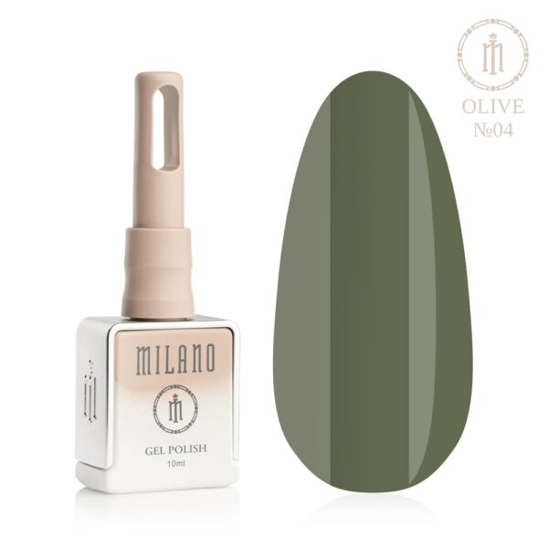 «Презентація гель-лаку Milano Gel Polish Olive Premium №04: ліворуч зображено фірмовий квадратний флакон об'ємом 10 мл у ніжно-нюдовому градієнтному виконанні з круглим логотипом, а праворуч — великий овальний макет-тіпс, який демонструє стильний хакі-оливковий, попелясто-зелений або вишуканий стриманий відтінок сухої оливки, на чистому білому тлі»