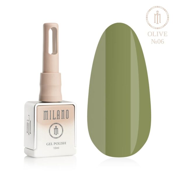 «Презентація гель-лаку Milano Gel Polish Olive Premium №06: ліворуч зображено фірмовий квадратний флакон об'ємом 10 мл у ніжно-нюдовому градієнтному виконанні з круглим логотипом, а праворуч — великий овальний макет-тіпс, який демонструє класичний колір стиглих оливок, шляхетний теплий хакі або гармонійний природний оливково-зелений відтінок, на чистому білому тлі»