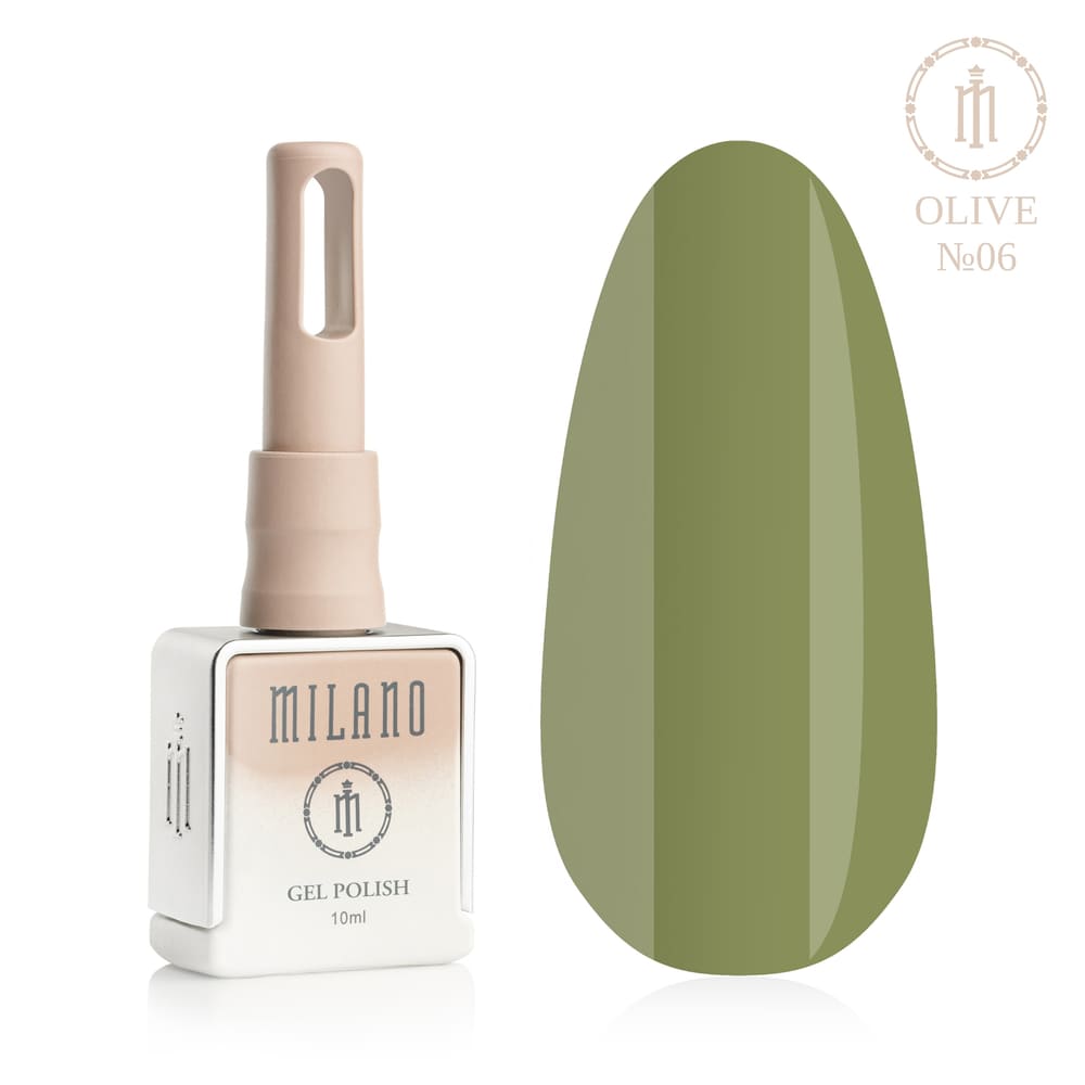 «Презентація гель-лаку Milano Gel Polish Olive Premium №06: ліворуч зображено фірмовий квадратний флакон об'ємом 10 мл у ніжно-нюдовому градієнтному виконанні з круглим логотипом, а праворуч — великий овальний макет-тіпс, який демонструє класичний колір стиглих оливок, шляхетний теплий хакі або гармонійний природний оливково-зелений відтінок, на чистому білому тлі»