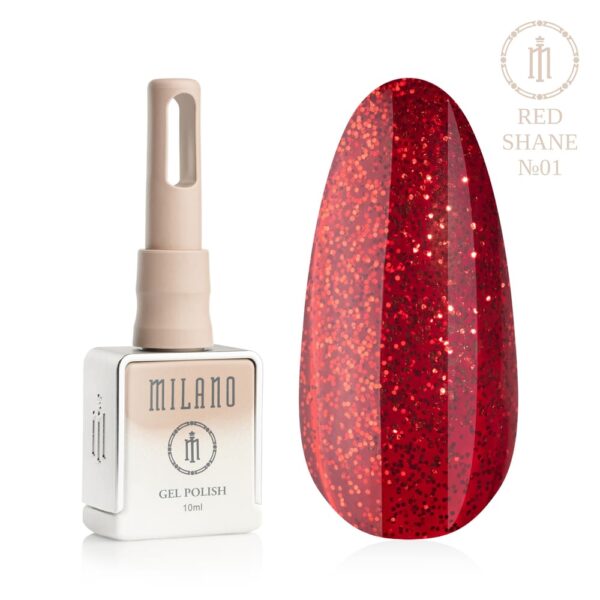«Презентація гель-лаку Milano Gel Polish Red Shane Premium №01: ліворуч зображено фірмовий квадратний флакон об'ємом 10 мл у ніжно-нюдовому градієнтному виконанні з круглим логотипом, а праворуч — великий овальний макет-тіпс, який демонструє яскраво-червоний, вогняний або класичний червоний відтінок, густо насичений дрібним іскристим глітером, на чистому білому тлі»
