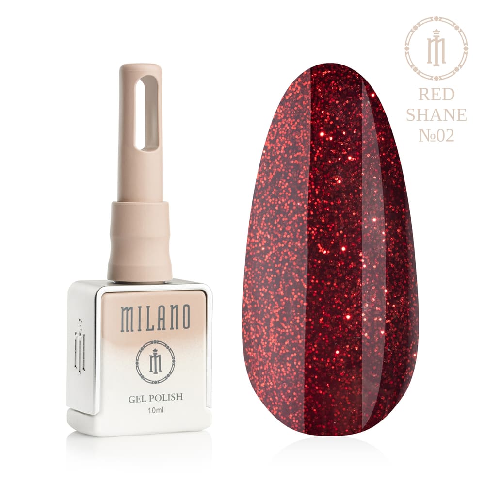 «Презентація гель-лаку Milano Gel Polish Red Shane Premium №02: ліворуч зображено фірмовий квадратний флакон об'ємом 10 мл у ніжно-нюдовому градієнтному виконанні з круглим логотипом, а праворуч — великий овальний макет-тіпс, який демонструє глибокий гранатовий, витончений темно-червоний або благородний вишневий відтінок із щільним дрібним глітерним мерехтінням, на чистому білому тлі»
