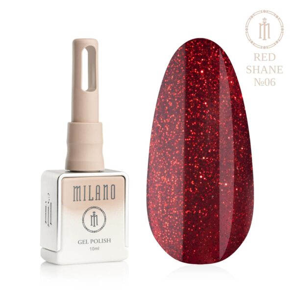 «Презентація гель-лаку Milano Gel Polish Red Shane Premium №06: ліворуч зображено фірмовий квадратний флакон об'ємом 10 мл у ніжно-нюдовому градієнтному виконанні з круглим логотипом, а праворуч — великий овальний макет-тіпс, який демонструє насичений шляхетний карміновий або темно-червоний відтінок із делікатним сяянням дрібних блискіток під глянцевим фінішем, на чистому білому тлі»