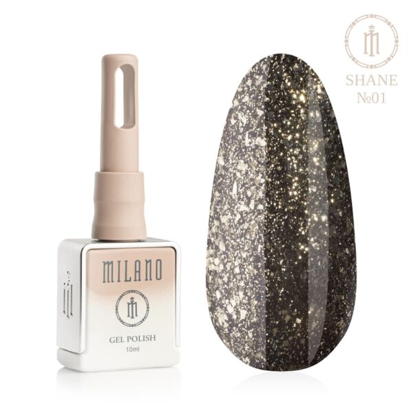 «Презентація гель-лаку Milano Gel Polish Shane Premium №01: ліворуч зображено фірмовий квадратний флакон об'ємом 10 мл у ніжно-нюдовому градієнтному виконанні, а праворуч — великий овальний макет-тіпс, який демонструє глибокий темний відтінок, густо насичений сріблясто-золотистими пластівцями металізованої фольги (ефект поталі) з виразним іскристим глянцевим відблиском, на чистому білому тлі»
