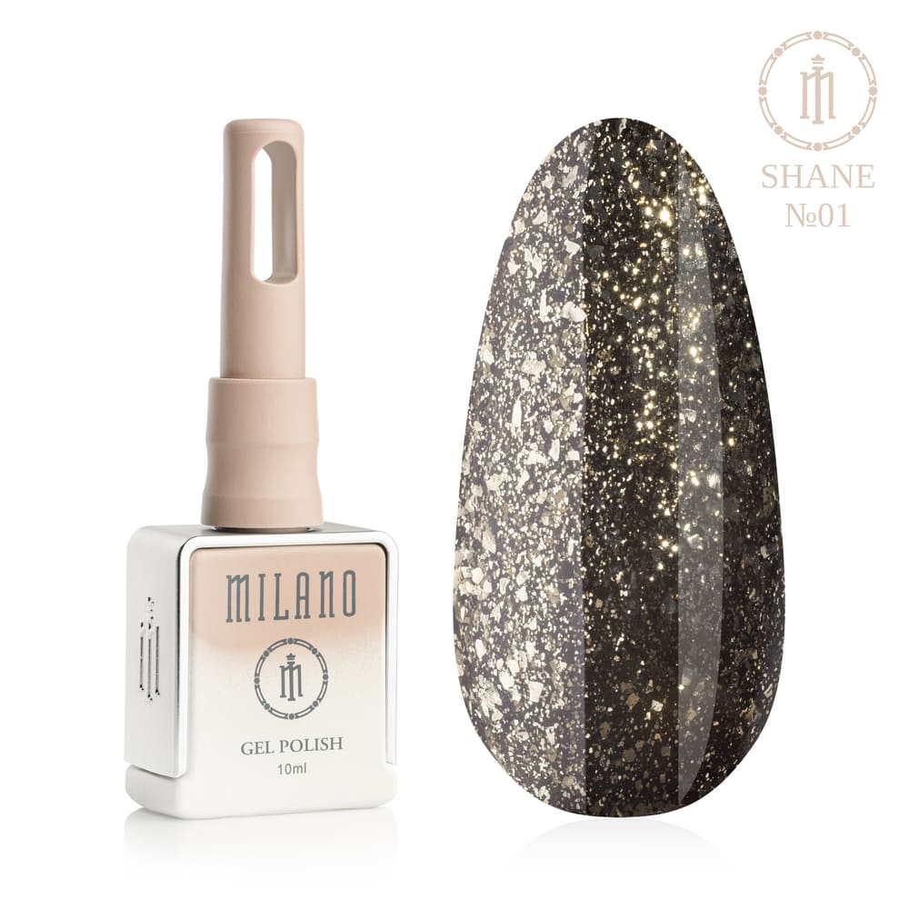 «Презентація гель-лаку Milano Gel Polish Shane Premium №01: ліворуч зображено фірмовий квадратний флакон об'ємом 10 мл у ніжно-нюдовому градієнтному виконанні, а праворуч — великий овальний макет-тіпс, який демонструє глибокий темний відтінок, густо насичений сріблясто-золотистими пластівцями металізованої фольги (ефект поталі) з виразним іскристим глянцевим відблиском, на чистому білому тлі»