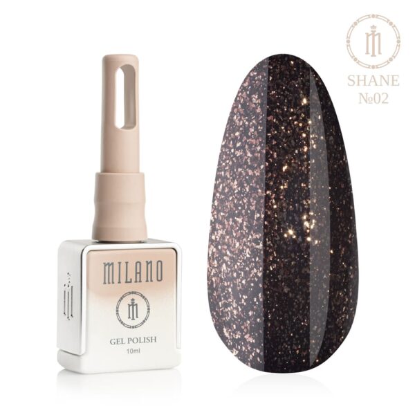 «Презентація гель-лаку Milano Gel Polish Shane Premium №02: ліворуч зображено фірмовий квадратний флакон об'ємом 10 мл у ніжно-нюдовому градієнтному виконанні, а праворуч — великий овальний макет-тіпс, який демонструє глибокий шоколадно-коричневий відтінок, заповнений пластівцями мідної та бронзової поталі з розкішним внутрішнім мерехтінням, на чистому білому тлі»