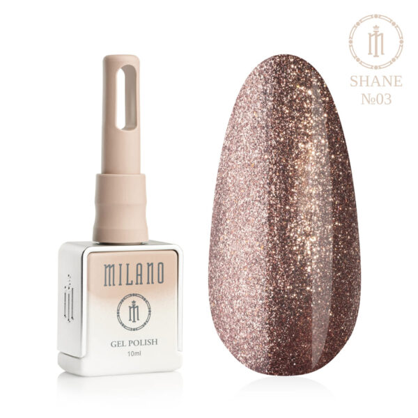 «Презентація гель-лаку Milano Gel Polish Shane Premium №03: ліворуч зображено фірмовий квадратний флакон об'ємом 10 мл у ніжно-нюдовому градієнтному виконанні, а праворуч — великий овальний макет-тіпс, який демонструє витончений відтінок рожевого золота або світлої м’якої бронзи, що складається зі щільного дрібного мікроглітеру з ефектом діамантового сяяння, на чистому білому тлі»