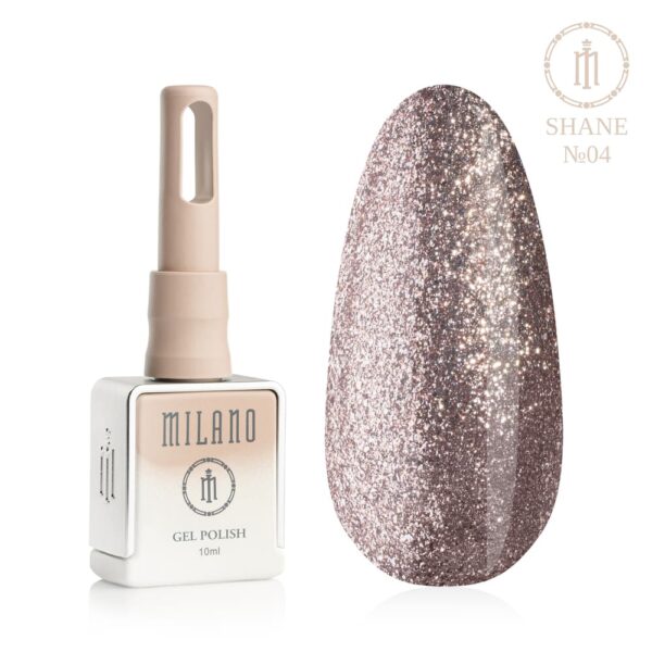 «Презентація гель-лаку Milano Gel Polish Shane Premium №04: ліворуч зображено фірмовий квадратний флакон об'ємом 10 мл у ніжно-нюдовому градієнтному виконанні, а праворуч — великий овальний макет-тіпс, який демонструє шляхетний платиново-сріблястий відтінок кольору шампанського, повністю заповнений густим сліпучим глітером для суперблискучого фінішу, на чистому білому тлі»