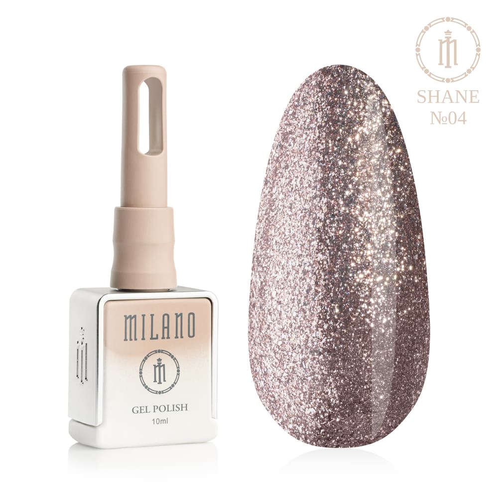 «Презентація гель-лаку Milano Gel Polish Shane Premium №04: ліворуч зображено фірмовий квадратний флакон об'ємом 10 мл у ніжно-нюдовому градієнтному виконанні, а праворуч — великий овальний макет-тіпс, який демонструє шляхетний платиново-сріблястий відтінок кольору шампанського, повністю заповнений густим сліпучим глітером для суперблискучого фінішу, на чистому білому тлі»
