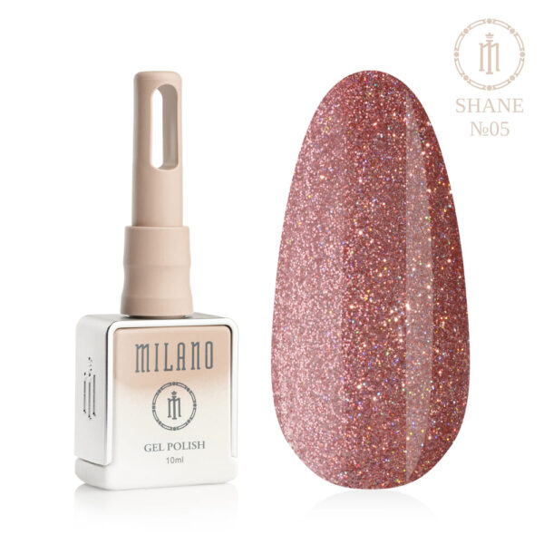 «Презентація гель-лаку Milano Gel Polish Shane Premium №05: ліворуч зображено фірмовий квадратний флакон об'ємом 10 мл у ніжно-нюдовому градієнтному виконанні, а праворуч — великий овальний макет-тіпс, який демонструє теплий колір припиленої троянди або ніжно-кораловий відтінок, насичений ультрадрібним голографічним шимером із м'яким веселковим переливом, на чистому білому тлі»