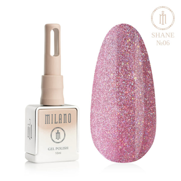 «Презентація гель-лаку Milano Gel Polish Shane Premium №06: ліворуч зображено фірмовий квадратний флакон об'ємом 10 мл у ніжно-нюдовому градієнтному виконанні, а праворуч — великий овальний макет-тіпс, який демонструє повітряний лілово-рожевий або світло-орхідейний відтінок, наповнений мікроскопічним голографічним шимером з ефектом чарівного тривимірного мерехтіння, на чистому білому тлі»