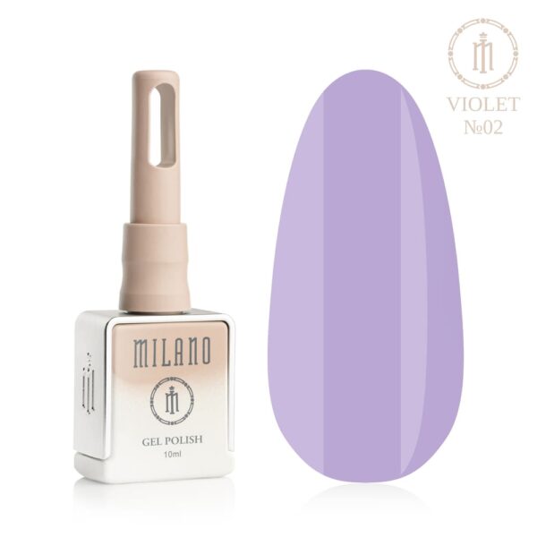 «Презентація гель-лаку Milano Gel Polish Violet Premium №02: ліворуч зображено фірмовий квадратний флакон об'ємом 10 мл у ніжно-нюдовому градієнтному виконанні, а праворуч — великий овальний макет-тіпс, який демонструє ніжний пастельно-бузковий або світло-лавандовий емалевий відтінок із витонченим глянцевим блиском, на чистому білому тлі»