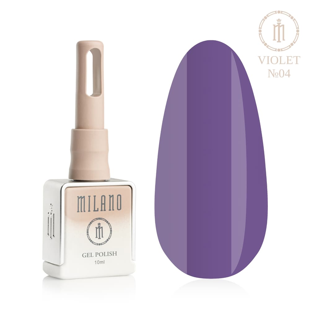 «Презентація гель-лаку Milano Gel Polish Violet Premium №04: ліворуч зображено фірмовий квадратний флакон об'ємом 10 мл у ніжно-нюдовому градієнтному виконанні, а праворуч — великий овальний макет-тіпс, який демонструє глибокий приглушено-фіолетовий емалевий відтінок із красивим щільним пігментом та глянцевим фінішем, на чистому білому тлі»