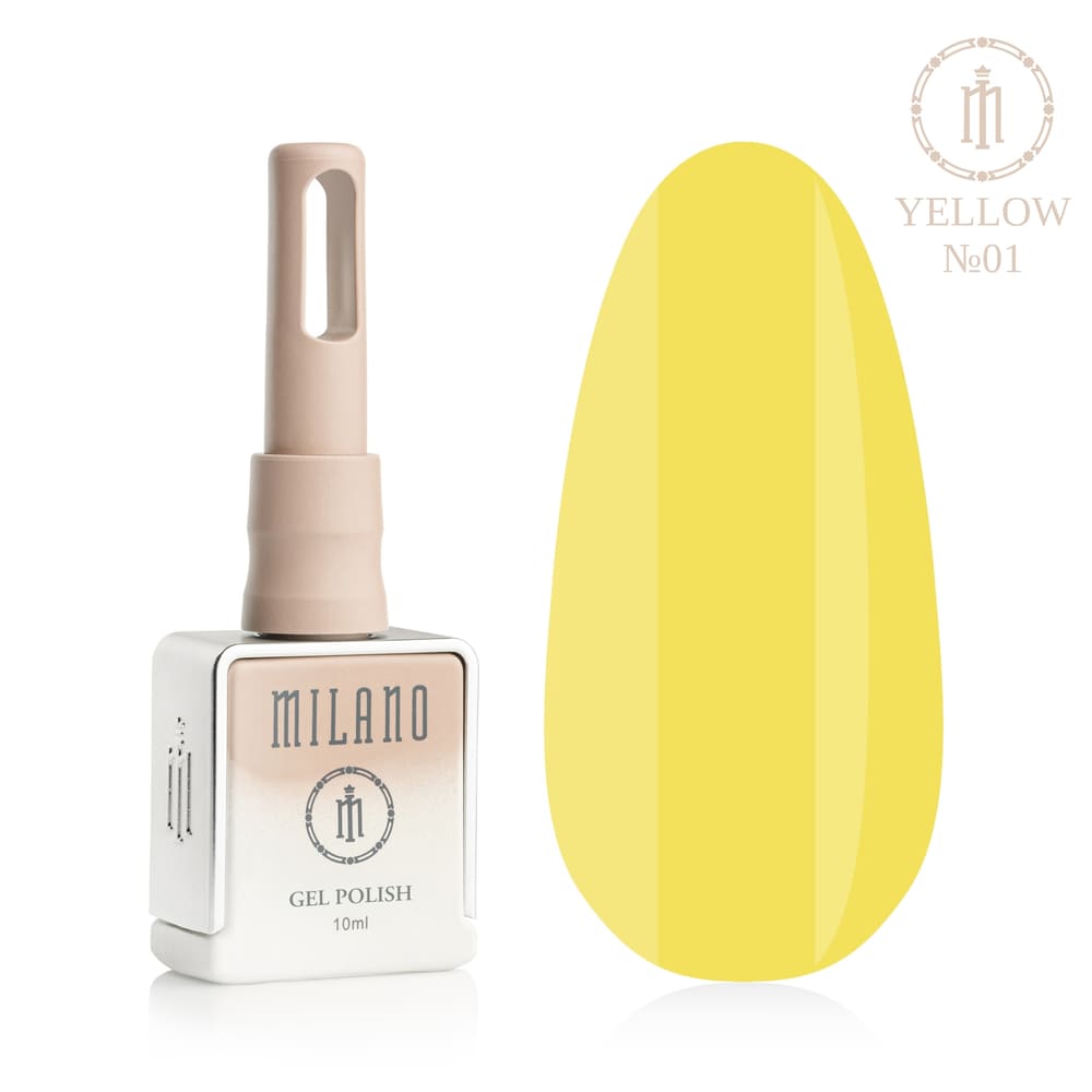 «Презентація гель-лаку Milano Gel Polish Yellow Premium №01: ліворуч зображено фірмовий квадратний флакон об'ємом 10 мл у ніжно-нюдовому градієнтному виконанні, а праворуч — великий овальний макет-тіпс, який демонструє чистий і яскравий сонячно-жовтий емалевий відтінок із бездоганним глянцевим фінішем, на чистому білому тлі»