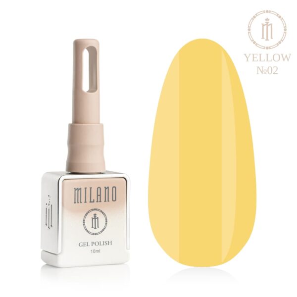 «Презентація гель-лаку Milano Gel Polish Yellow Premium №02: ліворуч зображено фірмовий квадратний флакон об'ємом 10 мл у ніжно-нюдовому градієнтному виконанні, а праворуч — великий овальний макет-тіпс, який демонструє м'який пастельний бананово-жовтий емалевий відтінок із приємним теплим підтоном та глянцевим блиском, на чистому білому тлі»