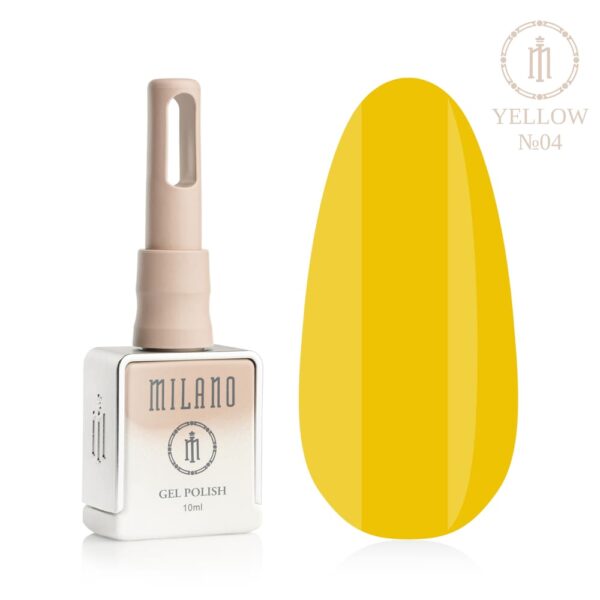 «Презентація гель-лаку Milano Gel Polish Yellow Premium №04: ліворуч зображено фірмовий квадратний флакон об'ємом 10 мл у ніжно-нюдовому градієнтному виконанні, а праворуч — великий овальний макет-тіпс, який демонструє теплий кукурудзяно-жовтий або насичений шафрановий емалевий відтінок із бездоганним глянцевим відблиском, на чистому білому тлі»