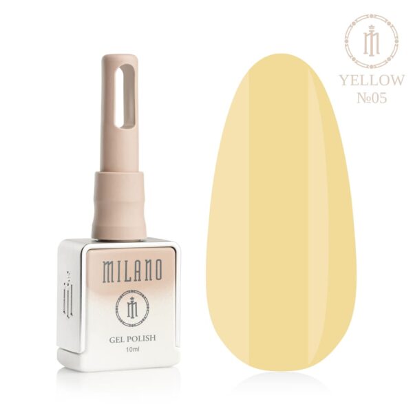 «Презентація гель-лаку Milano Gel Polish Yellow Premium №05: ліворуч зображено фірмовий квадратний флакон об'ємом 10 мл у ніжно-нюдовому градієнтному виконанні, а праворуч — великий овальний макет-тіпс, який демонструє делікатний світло-жовтий пастельний відтінок ванільного крему з гладким глянцевим покриттям, на чистому білому тлі»