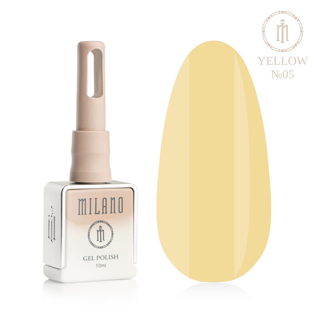 «Презентація гель-лаку Milano Gel Polish Yellow Premium №05: ліворуч зображено фірмовий квадратний флакон об'ємом 10 мл у ніжно-нюдовому градієнтному виконанні, а праворуч — великий овальний макет-тіпс, який демонструє делікатний світло-жовтий пастельний відтінок ванільного крему з гладким глянцевим покриттям, на чистому білому тлі»