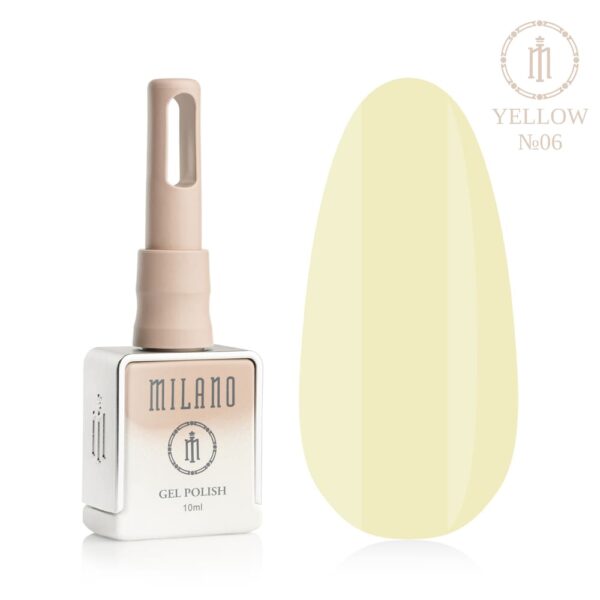 «Презентація гель-лаку Milano Gel Polish Yellow Premium №06: ліворуч зображено фірмовий квадратний флакон об'ємом 10 мл у ніжно-нюдовому градієнтному виконанні, а праворуч — великий овальний макет-тіпс, який демонструє ультрасвітлий молочно-лимонний або ніжно-ванільний пастельний емалевий відтінок із витонченим глянцевим блиском, на чистому білому тлі»