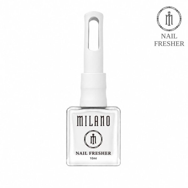 «Презентація знежирювача для нігтів Milano Nail Fresher: квадратний скляний флакон об'ємом 10 мл із прозорою рідиною, оснащений фірмовою видовженою білою кришкою з прямокутним отвором. На флаконі нанесено чорний логотип Milano та назву Nail Fresher. Кадр виконано на чистому білому тлі, у верхньому правому куті розміщено круглий графічний логотип Nail Fresher»