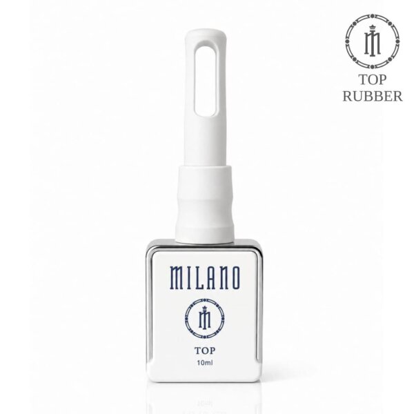 «Презентація каучукового топового покриття Milano Top Rubber: квадратний білий флакон об'ємом 10 мл із хромованим сріблястим обрамленням, оснащений фірмовою видовженою білою кришкою з овальним отвором. На флаконі нанесено чорний брендинг Milano Top. Кадр виконано на чистому білому тлі, у верхньому правому куті розміщено круглий графічний логотип Top Rubber»
