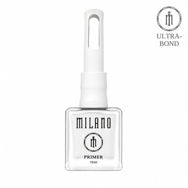 «Презентація безкислотного праймера Milano Ultrabond: квадратний скляний флакон об'ємом 10 мл із прозорою рідиною та фірмовою видовженою білою кришкою з прямокутним отвором. На самому флаконі нанесено чорний брендинг Milano Primer, а у верхньому правому куті розміщено круглий графічний логотип Ultra-Bond, що позначає тип засобу»