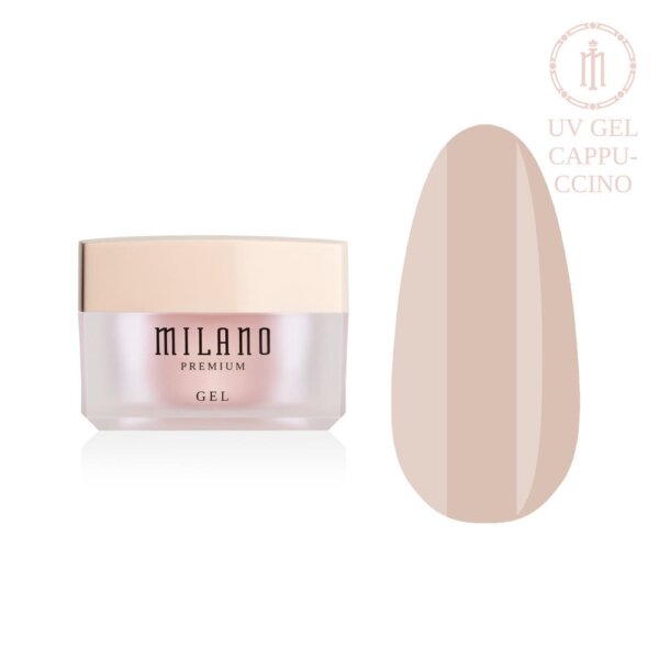 «Презентація моделювального гелю Milano UV Builder Gel Premium у відтінку Cappuccino: ліворуч зображено фірмову круглу білу баночку зі срібним брендингом, а праворуч — великий круглий макет-тіпс, який демонструє шляхетний кавово-бежевий або теплий пастельно-нюдовий відтінок капучино з ідеально гладкою глянцевою поверхнею, на чистому білому тлі»