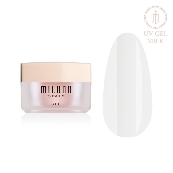 «Презентація моделювального гелю Milano UV Builder Gel Premium у відтінку Milk: ліворуч зображено фірмову круглу білу баночку зі срібним брендингом, а праворуч — великий круглий макет-тіпс, який демонструє ніжний напівпрозорий молочно-білий або повітряний порцеляновий відтінок із дзеркальним глянцевим фінішем, на чистому білому тлі»