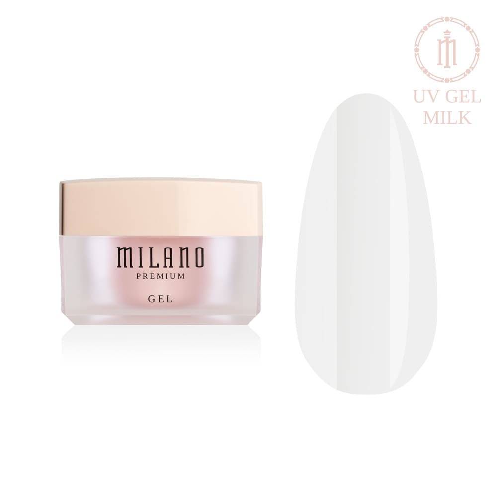 «Презентація моделювального гелю Milano UV Builder Gel Premium у відтінку Milk: ліворуч зображено фірмову круглу білу баночку зі срібним брендингом, а праворуч — великий круглий макет-тіпс, який демонструє ніжний напівпрозорий молочно-білий або повітряний порцеляновий відтінок із дзеркальним глянцевим фінішем, на чистому білому тлі»