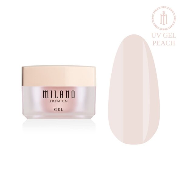 «Презентація моделювального гелю Milano UV Builder Gel Premium у відтінку Peach: ліворуч зображено фірмову круглу білу баночку зі срібним брендингом, а праворуч — великий круглий макет-тіпс, який демонструє теплий пастельно-персиковий або абрикосовий камуфлювальний відтінок із бездоганно рівним глянцевим покриттям, на чистому білому тлі»
