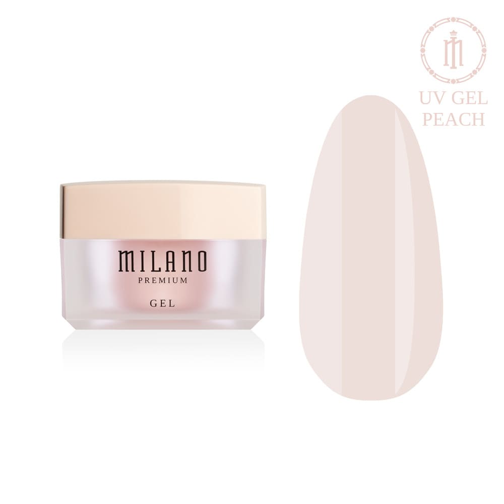 «Презентація моделювального гелю Milano UV Builder Gel Premium у відтінку Peach: ліворуч зображено фірмову круглу білу баночку зі срібним брендингом, а праворуч — великий круглий макет-тіпс, який демонструє теплий пастельно-персиковий або абрикосовий камуфлювальний відтінок із бездоганно рівним глянцевим покриттям, на чистому білому тлі»