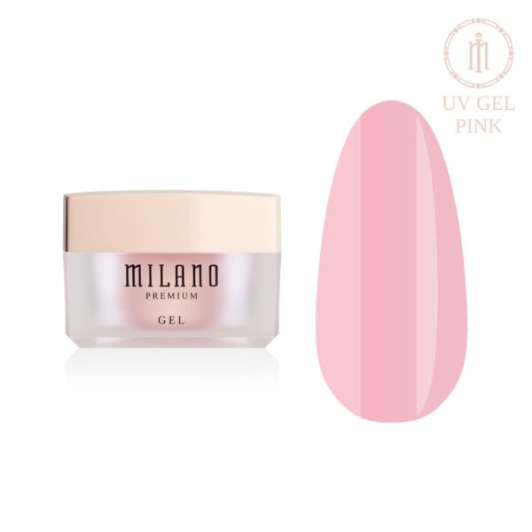 «Презентація моделювального гелю Milano UV Builder Gel Premium у відтінку Pink: ліворуч зображено фірмову круглу білу баночку зі срібним брендингом, а праворуч — великий круглий макет-тіпс, який демонструє класичний соковитий ніжно-рожевий камуфлювальний відтінок для створення природного та свіжого манікюру з глянцевим блиском, на чистому білому тлі»