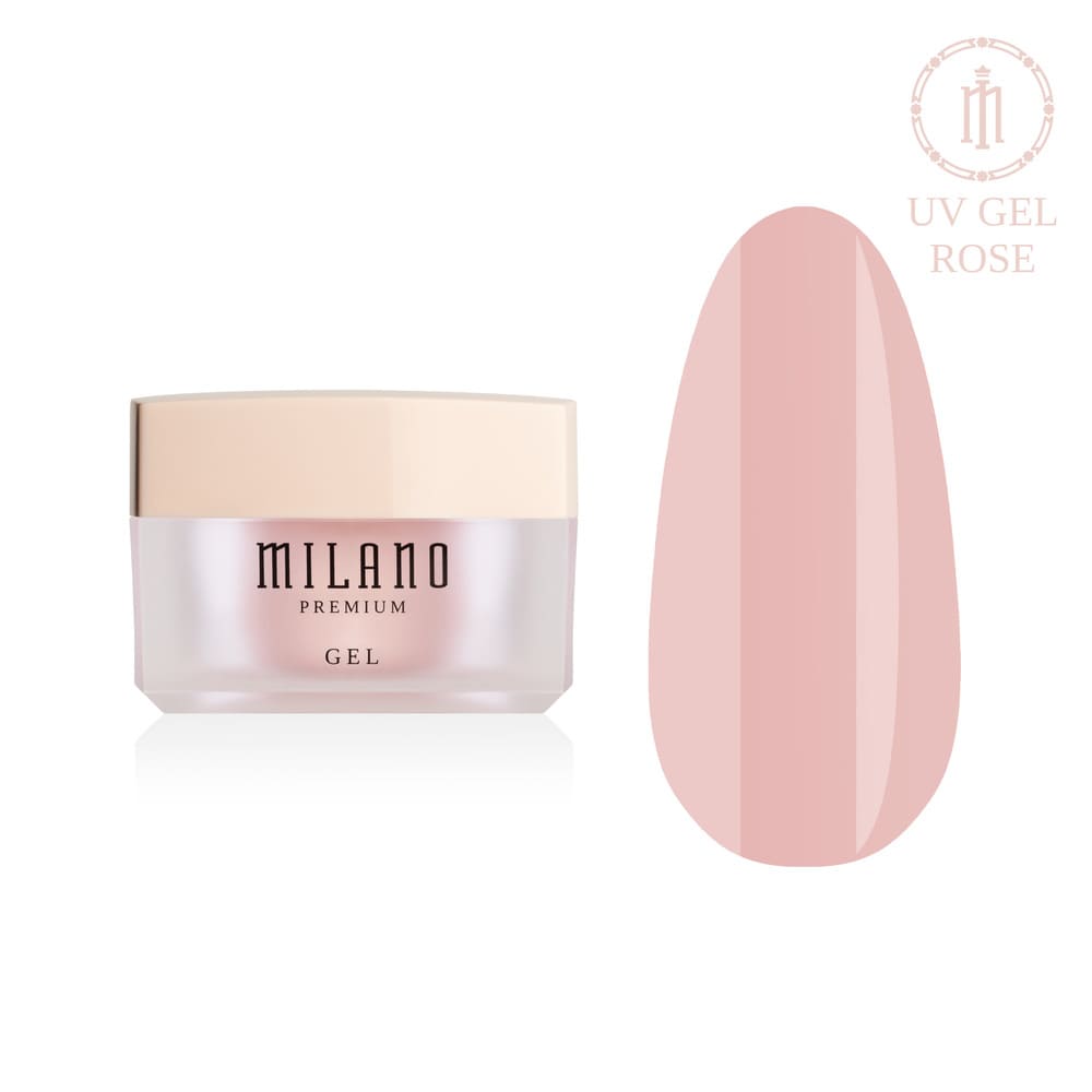 «Презентація моделювального гелю Milano UV Builder Gel Premium у відтінку Rose: ліворуч зображено фірмову круглу білу баночку зі срібним брендингом, а праворуч — великий круглий макет-тіпс, який демонструє витончений пудрово-рожевий або делікатний пастельно-рожевий відтінок із бездоганно рівною глянцевою поверхнею, на чистому білому тлі»