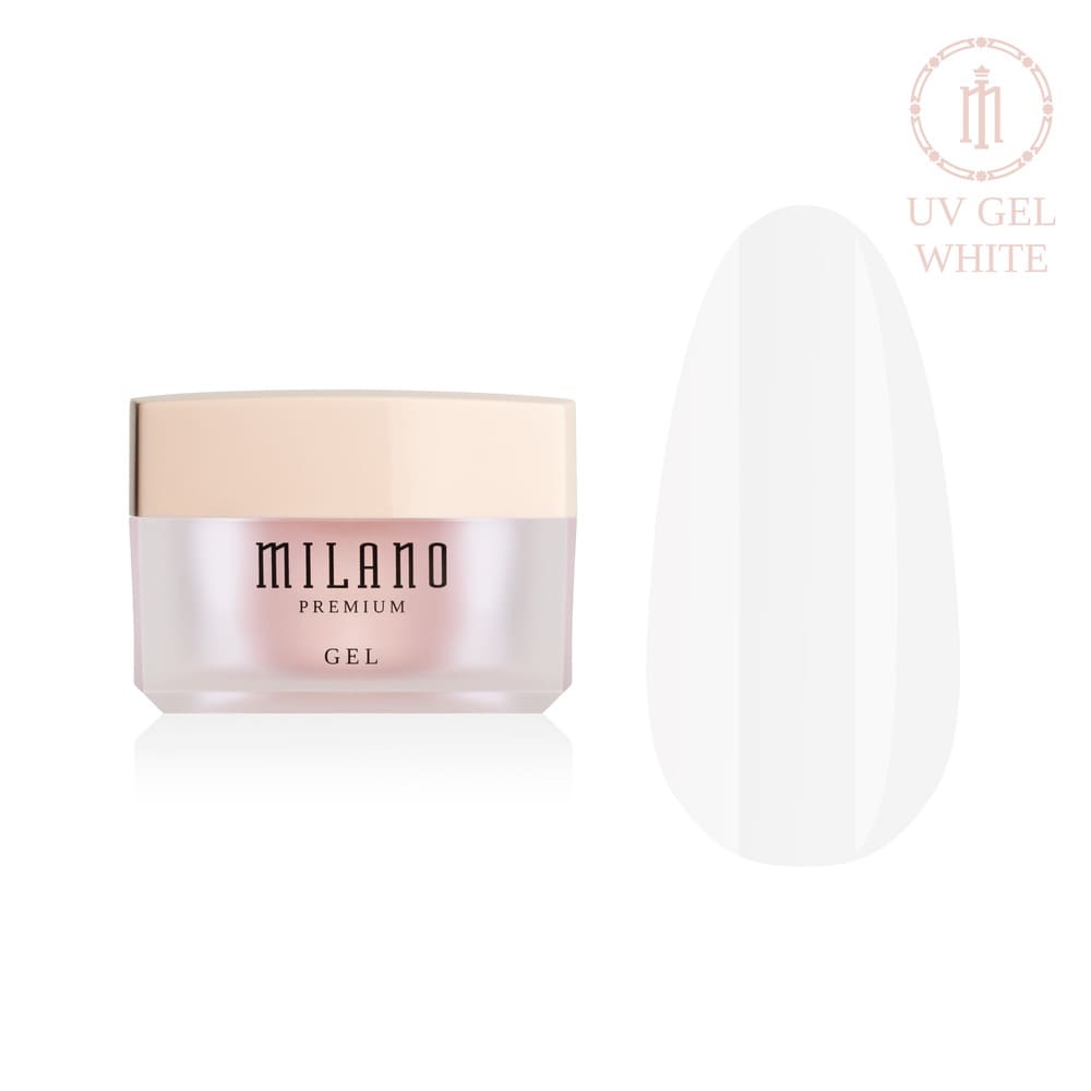 «Презентація моделювального гелю Milano UV Builder Gel Premium у відтінку White: ліворуч зображено фірмову круглу білу баночку зі срібним брендингом, а праворуч — великий круглий макет-тіпс, який демонструє насичений ультрабілий емалевий відтінок, ідеальний для створення класичного французького манікюру, з глянцевим блиском на чистому білому тлі»