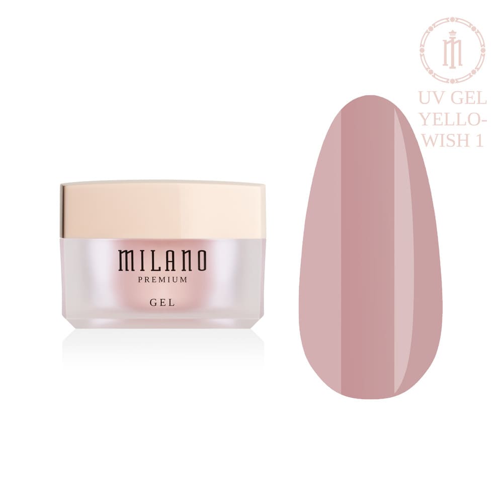 «Презентація моделювального гелю Milano UV Builder Gel Premium у відтінку Yellowish 1: ліворуч зображено фірмову круглу білу баночку зі срібним брендингом, а праворуч — великий круглий макет-тіпс, який демонструє делікатний лимонно-кремовий або м'який світло-пісочний відтінок із дзеркальним глянцевим фінішем, на чистому білому тлі»