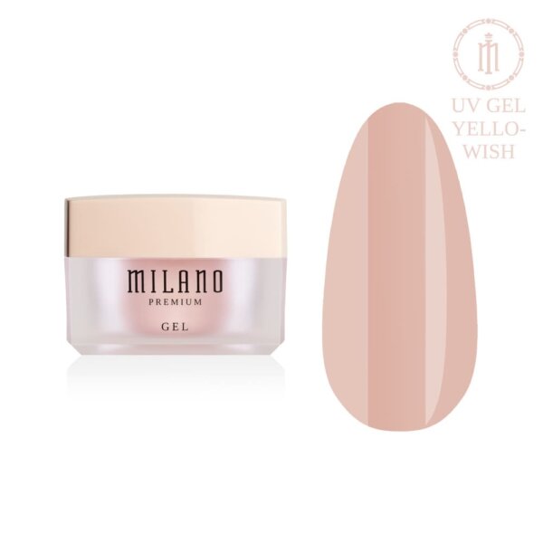 «Презентація моделювального гелю Milano UV Builder Gel Premium у відтінку Yellowish: ліворуч зображено фірмову круглу білу баночку зі срібним брендингом, а праворуч — великий круглий макет-тіпс, який демонструє м'який пастельний світло-жовтуватий або теплий ванільно-кремовий відтінок із бездоганно гладким глянцевим покриттям, на чистому білому тлі»